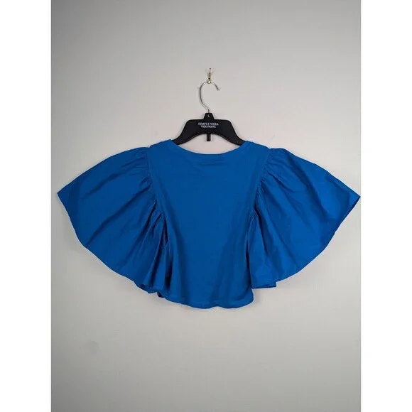 ZARA Women Cobalt Blue Exaggerated Sleeve Crop Top S Short Puff Sleeve‎ Rouched - Picture 10 of 10